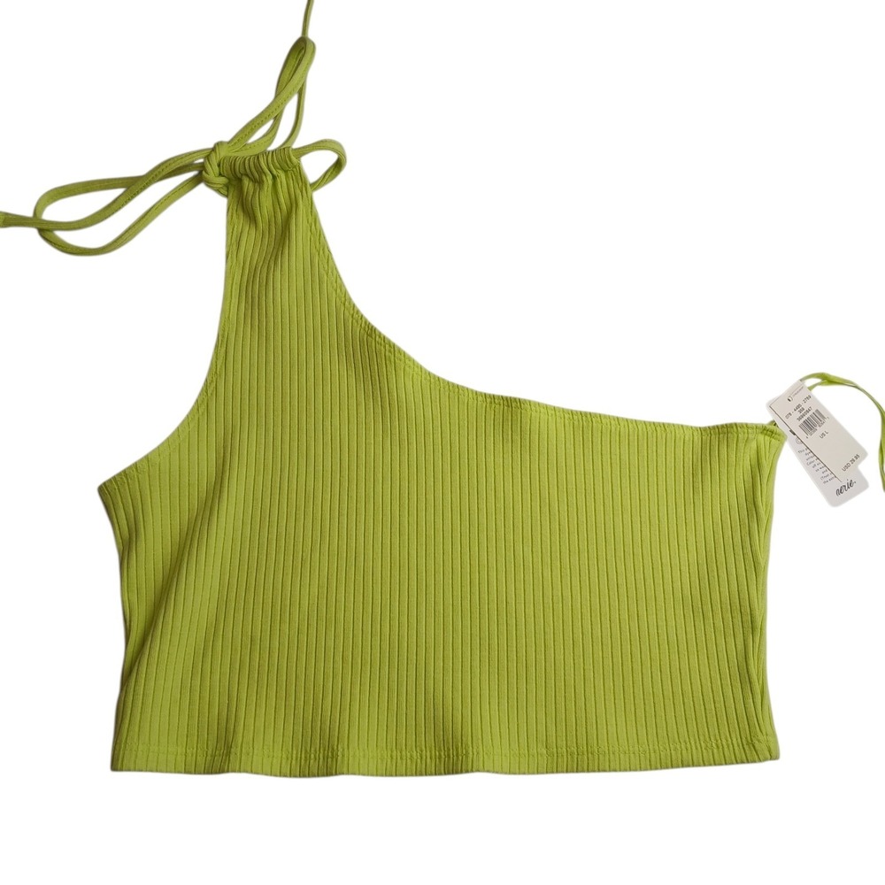 Aerie Real Lime Green One Shoulder Tie Ribbed Crop Top Tank Bandeau Large New